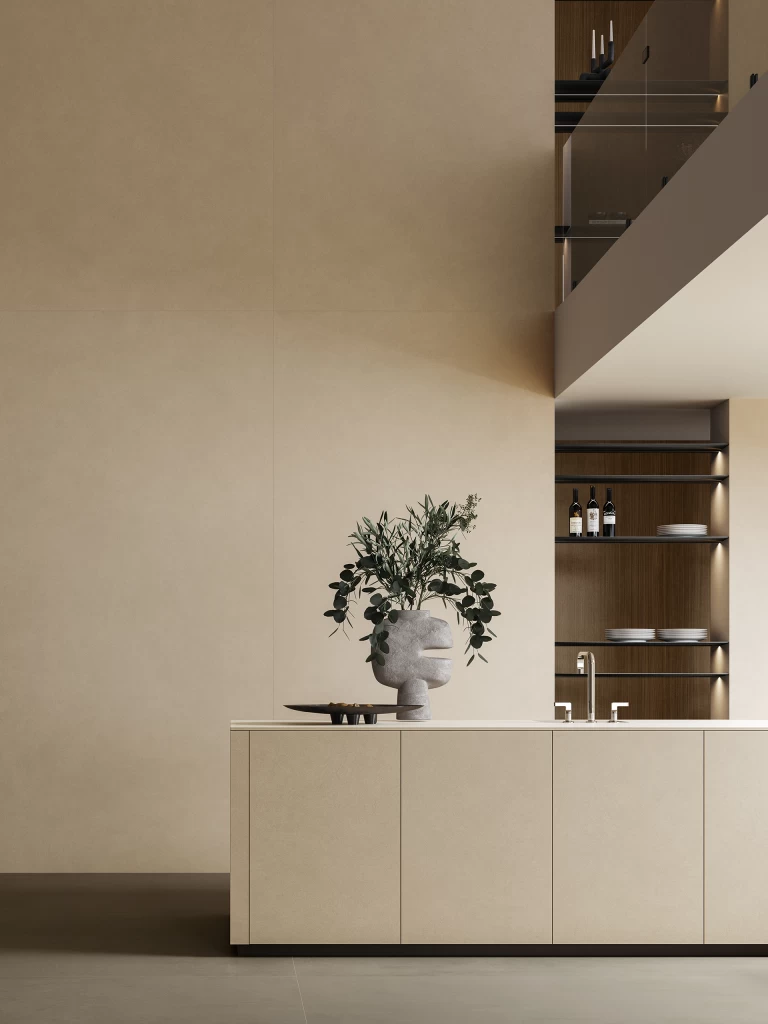 Woonruimte met grote Atlas Concorde Boost Natural Pro tegels in de kleur Sand